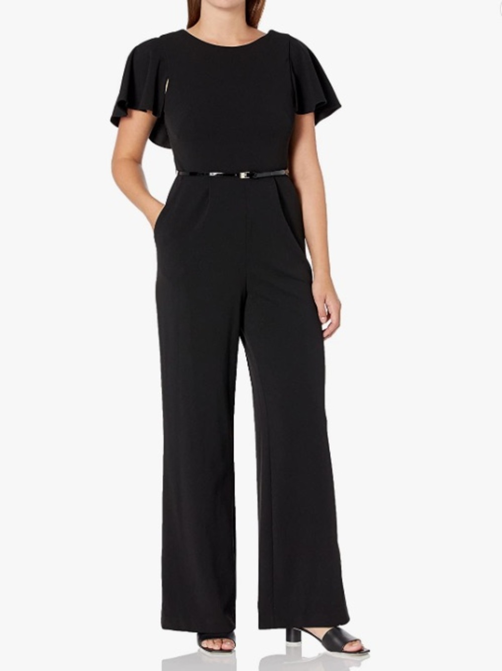 Calvin Klein Black Flutter Sleeve Belted Jumpsuit